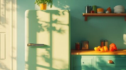 Vintage kitchen scene with open fridge displaying fresh produce on retro countertops and cabinetry under warm sunlight shadows