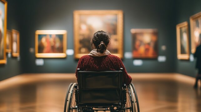 Person in a wheelchair enjoying art in a museum setting highlighting accessibility and appreciation for culture and creativity