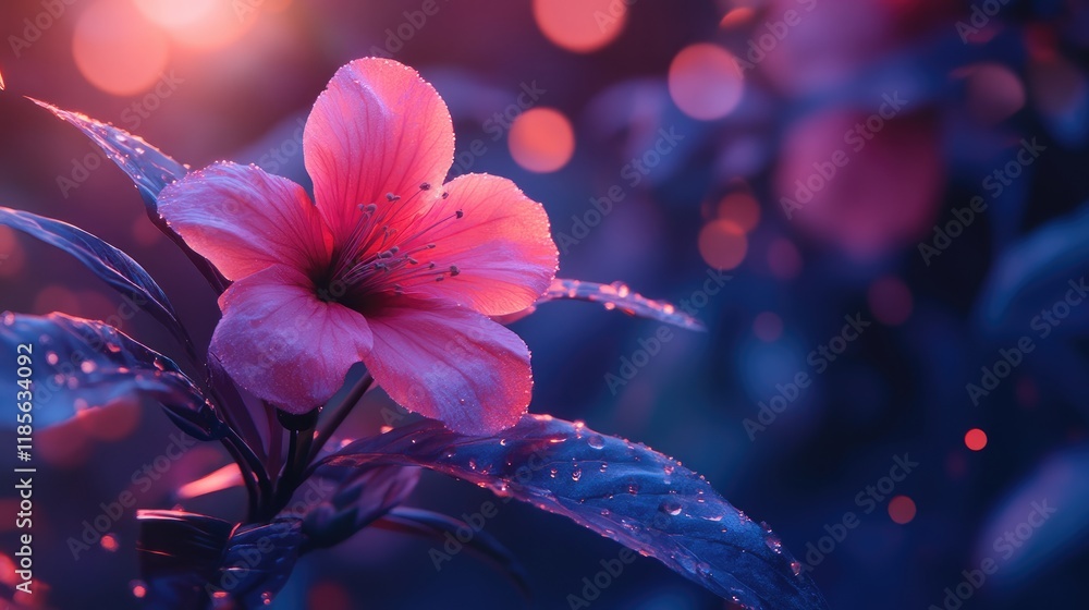 Poster vibrant pink flower illuminated by soft light in a serene garden setting with dew on petals and drea