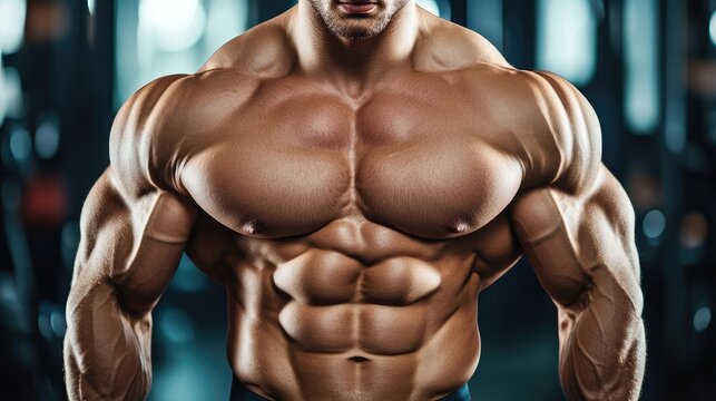 Muscular male physique demonstrating a well-defined chest in a fitness gym setting ideal for health and bodybuilding promotions.