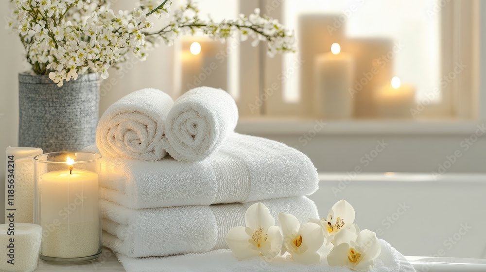 Poster elegant bathroom setting with white towels candles and orchids creating a calming spa atmosphere for