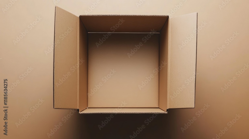 Poster empty brown cardboard box viewed from above with no tools or objects inside on a neutral background.