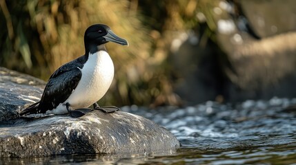 Razorbill perched on a rock by water at a bird reserve showcasing its striking black and white plumage in natural habitat
