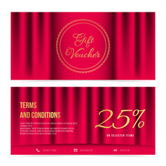 Set gift vouchers template with red background,luxury curtains,golden text. Elegant promotion design. Vector illustration on white background