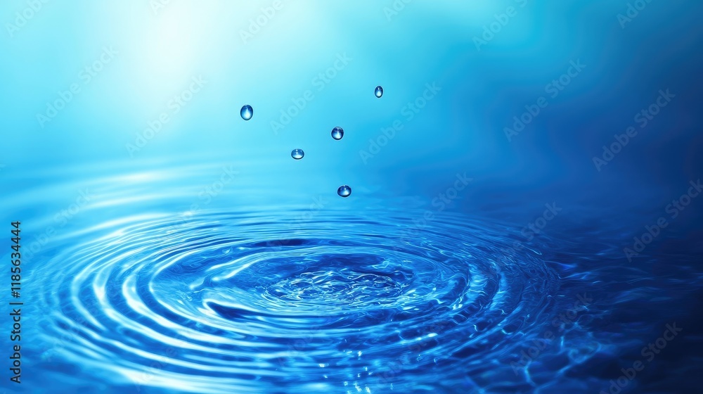 Aufkleber raindrops creating ripples on calm water surface with soft blue abstract background
