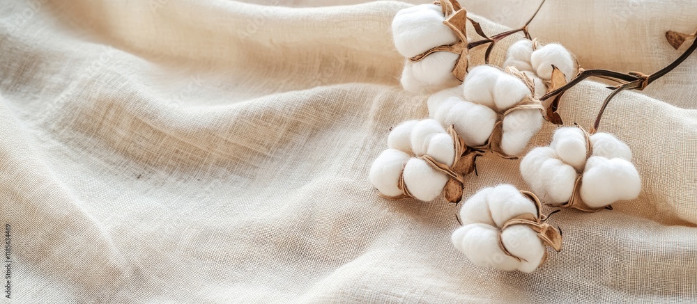 Poster soft natural cotton fiber fabric texture with cotton bolls creating a serene background perfect for 