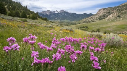 Pink wildflowers in a vibrant alpine meadow with majestic mountains and a clear sky in the background showcasing nature's beauty.