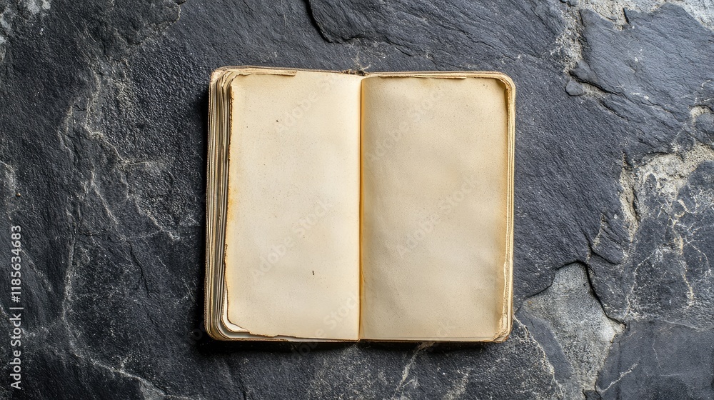 Poster empty vintage notebook on dark stone surface showing blank pages for writing or sketching ideas