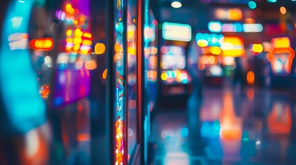 Fototapeta premium Vintage arcade museum with glowing neon-lit retro gaming machines, focusing on a single classic arcade cabinet. Nostalgic gaming and retro entertainment concept.