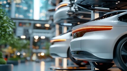 Automated high rise parking facility with robotic lifts and lifts in a modern futuristic urban cityscape  The sleek