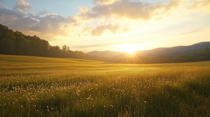 Obraz premium Radio dish in vast pasture illuminated by sunset showcasing scenic landscape and golden light filtering through clouds