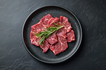 Freshly Cut Raw Beef Slices on a Black Plate Garnished with Rosemary Sprigs, Perfect for Culinary Dishes, Grilling, and Sizzling Steak Preparations