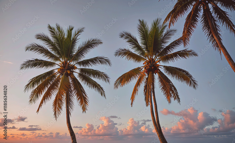 Poster Two palm trees are standing in the foreground of a cloudy sky. The sky is a mix of blue and pink
