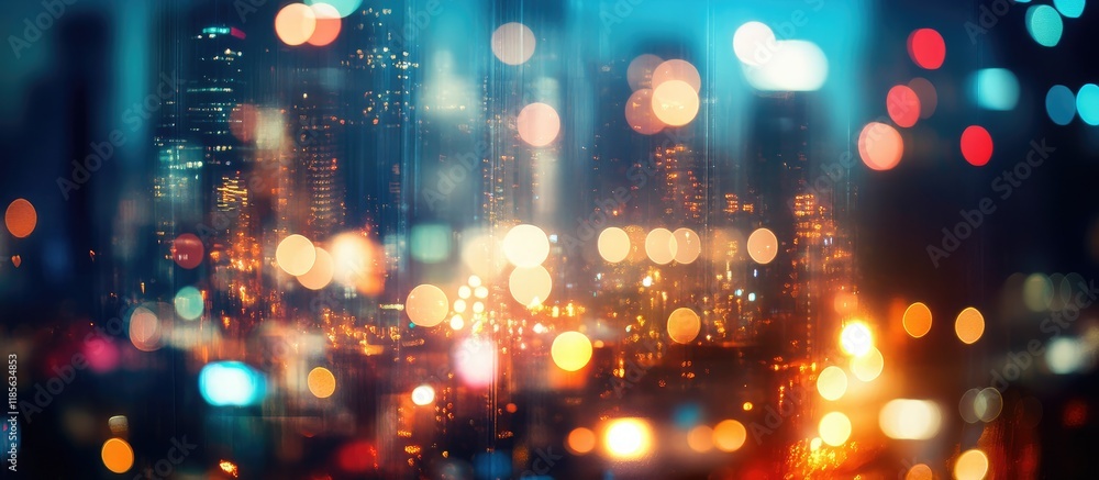 Aufkleber blurred night cityscape with luminous bokeh lights wide angle view featuring empty copyspace for tex