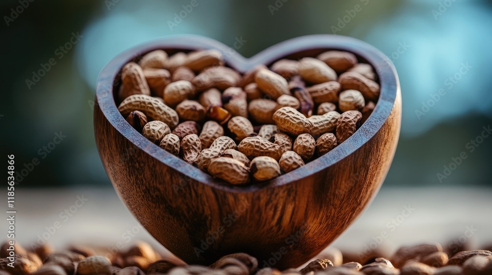 Poster raw peanuts in a heart-shaped wooden bowl on a rustic surface with a blurred background showcasing a