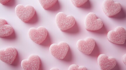 Fototapeta premium Pink heart-shaped candies scattered on a soft light background perfect for Valentine's Day or sweet-themed designs.