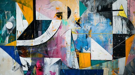 An abstract painting with bold, contrasting colors and shapes, with a mockup at the center of the wall. full ultra hd, high resolution