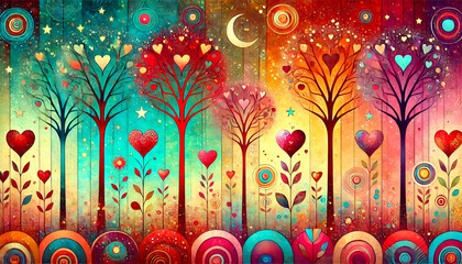 Romantic Forest of Heart Leaves in Twilight.