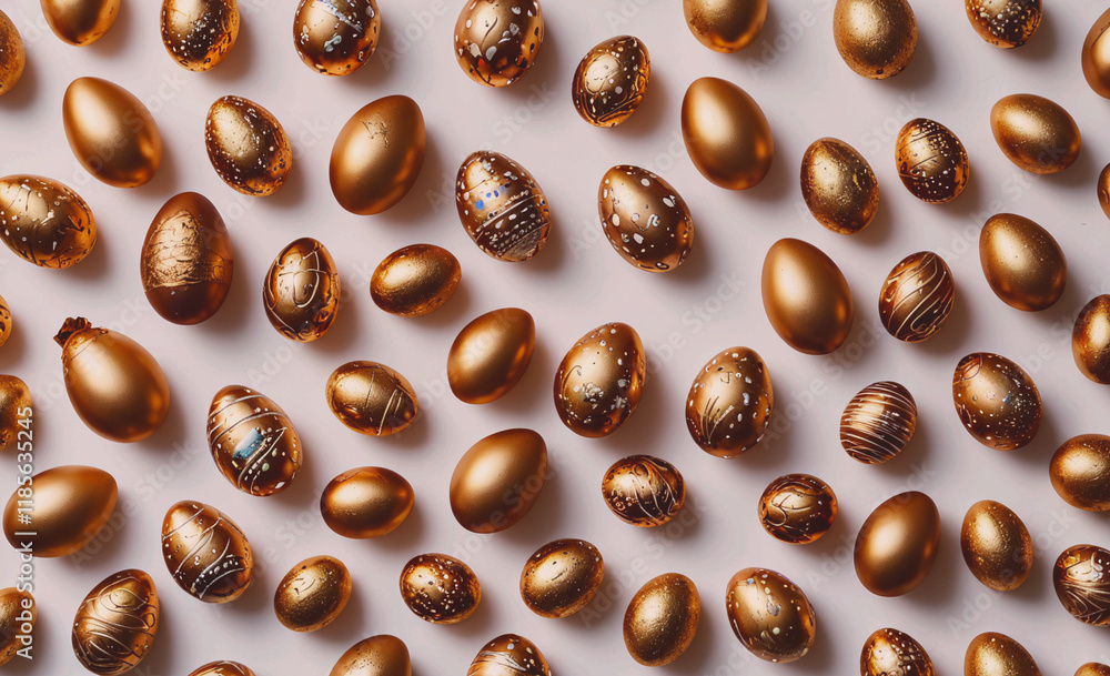 Poster Row of gold colored eggs are arranged in a pattern. Some of the eggs are decorated with designs