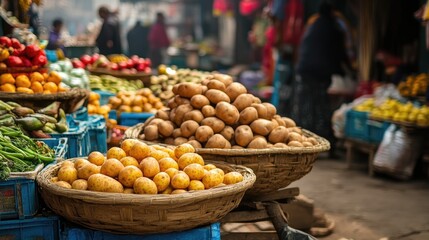 Freshly harvested raw potatoes showcased in a vibrant traditional market setting with colorful fruits and vegetables for sale
