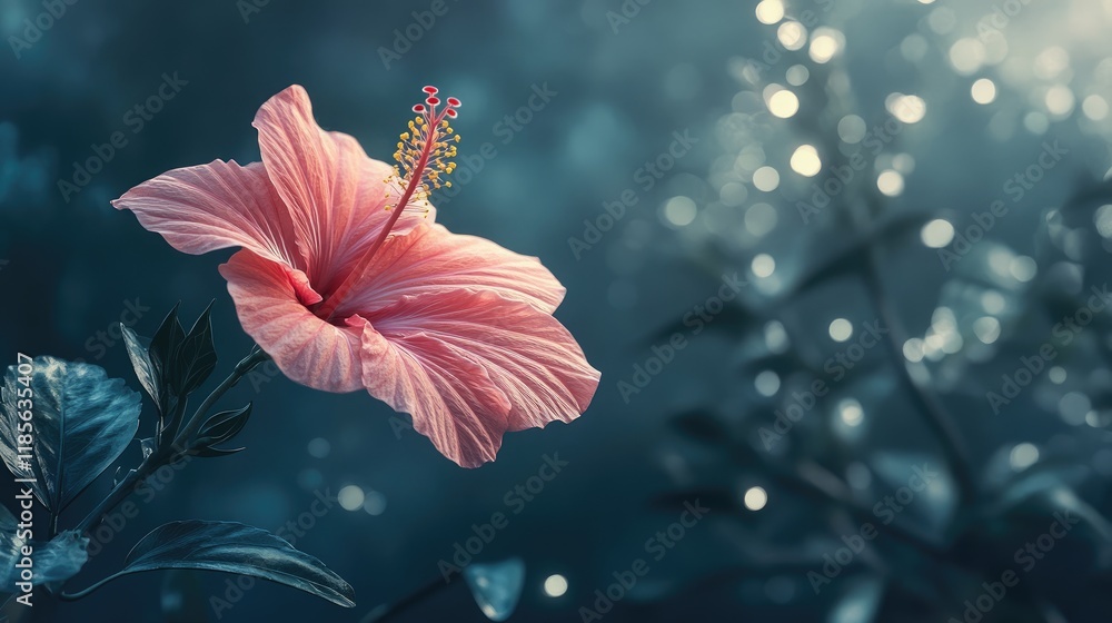 Poster elegant pink hibiscus flower in bloom with soft focus background creating a serene tropical atmosphe