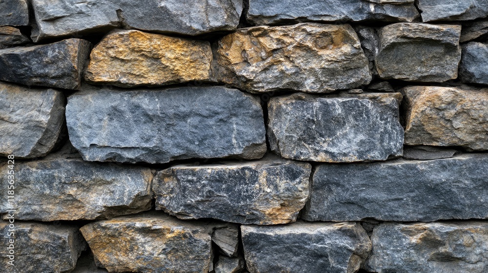 Poster close up of a textured stone wall featuring various sizes and shades of weathered stones arranged in