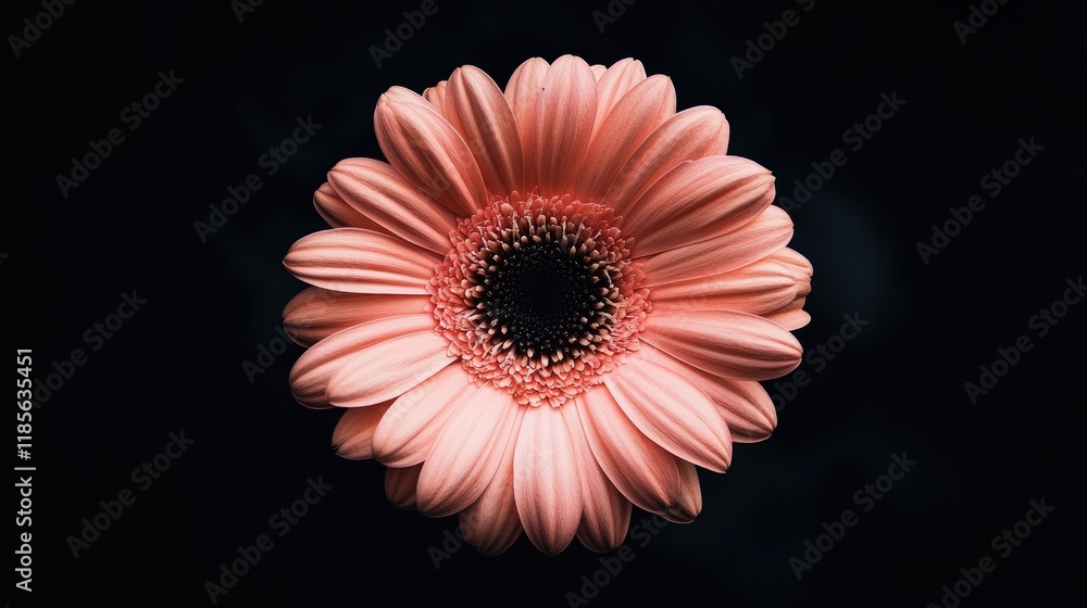 Wall mural Pink gerbera flower with dark center showcasing delicate petals and vibrant colors against a contrasting dark background for dramatic effect