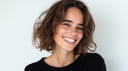 Fototapeta premium A close-up of a woman's smiling face with healthy, glowing skin, set against a minimalist white background to enhance her natural beauty.