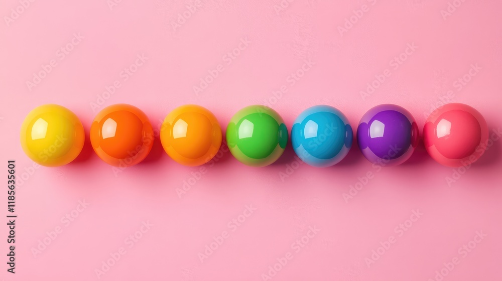 Poster Colorful glossy balls arranged in a row on a soft pink pastel background ideal for vibrant design themes and playful concepts