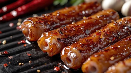 A close-up of grilled squid tentacles glistening with sauce, set against a backdrop of fresh ingredients like garlic and chilies, highlighting the cooking process.