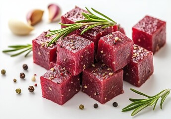 Freshly Cut Red Meat Cubes with Aromatic Herbs and Spices on a Bright White Background, Ideal for Culinary Creations and Gourmet Recipes