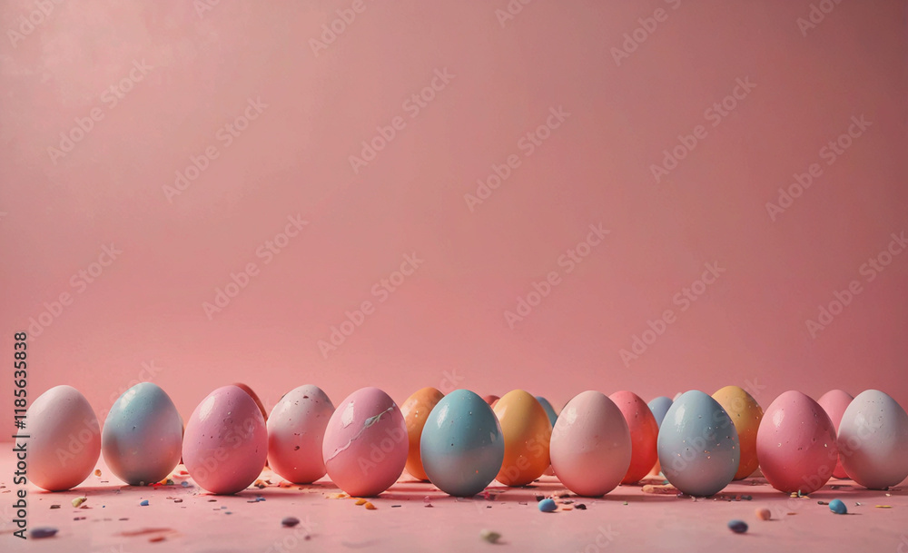 Poster row of colorful eggs are scattered on a pink background. the eggs are of different colors, including