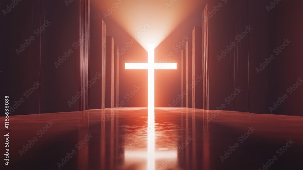 Poster illuminated cross symbol in a serene abstract space with soft light reflection
