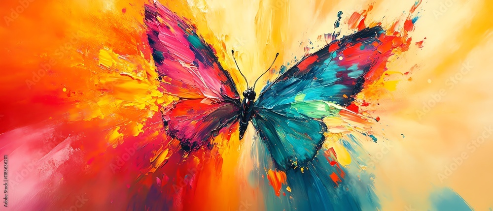 Poster abstract art of a butterfly with colorful wings, paint splashes and dynamic strokes, fluid and expre