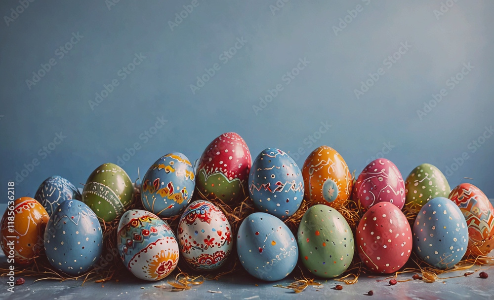 Aufkleber bunch of painted eggs are on a table. they are all different colors and sizes. some are blue, some a