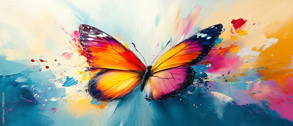 Poster Abstract art of a butterfly with colorful wings, paint splashes and dynamic strokes, fluid and expressive composition, vivid colors on canvas