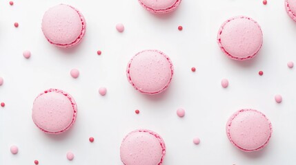 Fototapeta premium Pink macarons arranged symmetrically on a white background with scattered pink sprinkles creating a soft and elegant dessert presentation