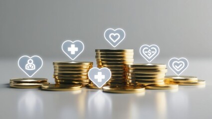 Health insurance premium care concept Coins stacked with health and wellness icons, symbolizing financial well-being.