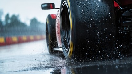 Racing car tire creating dynamic splash on wet racetrack during intense motorsport competition under rainy conditions
