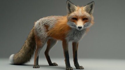 Red fox standing elegantly on a neutral gray background showcasing its vibrant fur and striking features in a captivating portrait format.