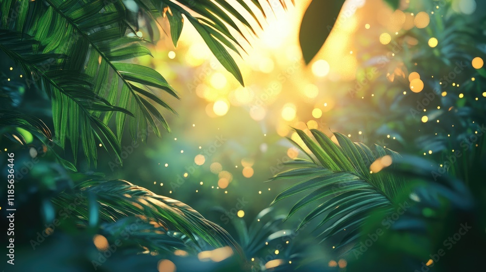 Poster serene sunlight filtering through lush foliage creating a peaceful jungle ambiance with sparkling bo