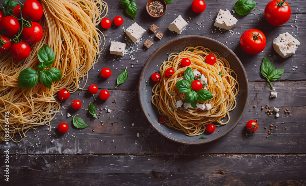 Poster plate of spaghetti with tomatoes and basil on top. there is also a bowl of pasta on the table