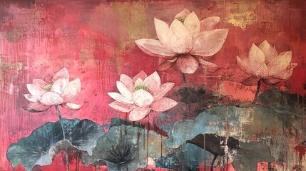 Tranquil pink lotus flowers against a textured red background in an artistic floral composition for serene decor and tranquility.
