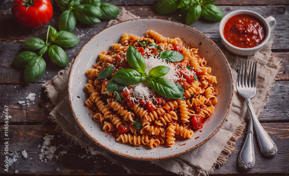 Poster plate of pasta with basil and cheese on top. a fork and a spoon are on the table