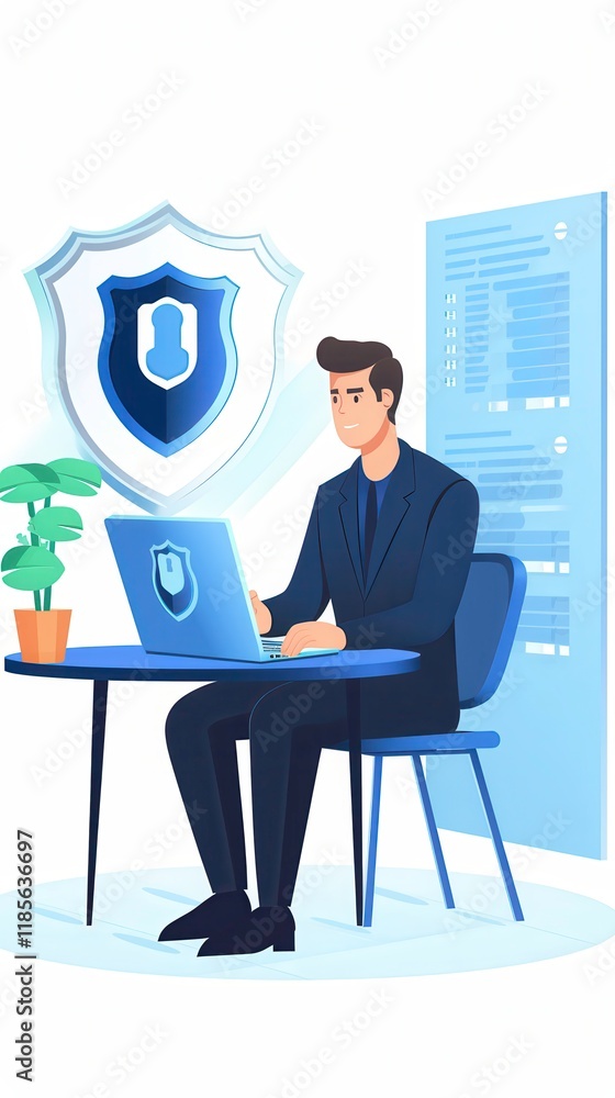 Poster man conducting a cybersecurity review in an animated office setting with modern technology and offic