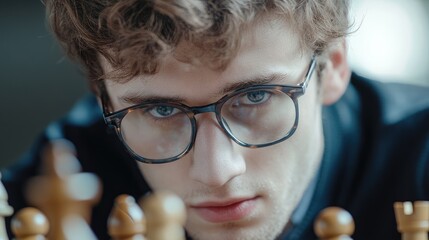 Focused portrait of a professional male chess player with glasses intensely analyzing the board during a competitive match