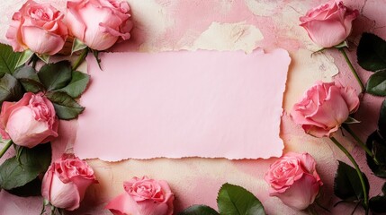 Pink roses surrounding blank pink paper on a textured background for romantic invitations or heartfelt messages