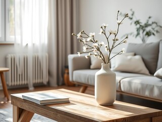 Minimalist Scandinavian living room with sunlight, handcrafted ceramic vase, wooden coffee table, blooming branch, minimalist art print, coffee table, art print, ceramic vase