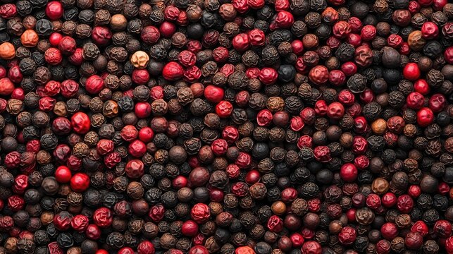 Colorful peppercorns background from Piper Nigrum highlighting various stages of ripeness in a vibrant and textured pattern. - Powered by Adobe