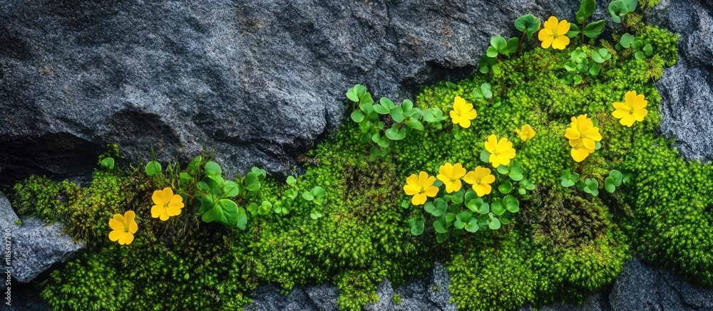 Poster lush green moss with bright yellow flowers on rock surface creating a tranquil forest scene with amp
